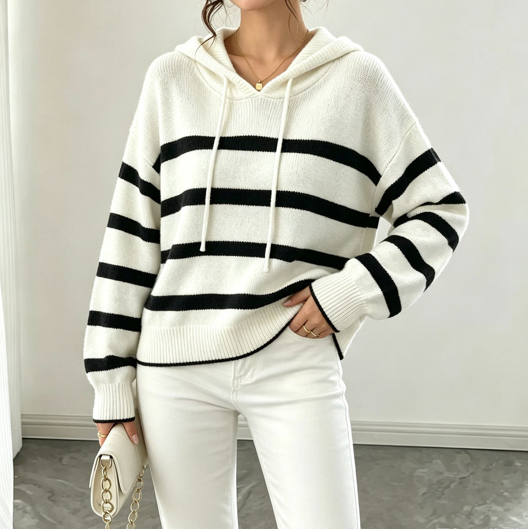 Damen Kapuzen-Strickpullover im Maritim-Look mit geripptem Saum und relaxed Fit EB