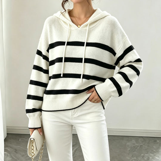 Damen Kapuzen-Strickpullover im Maritim-Look mit geripptem Saum und relaxed Fit EB