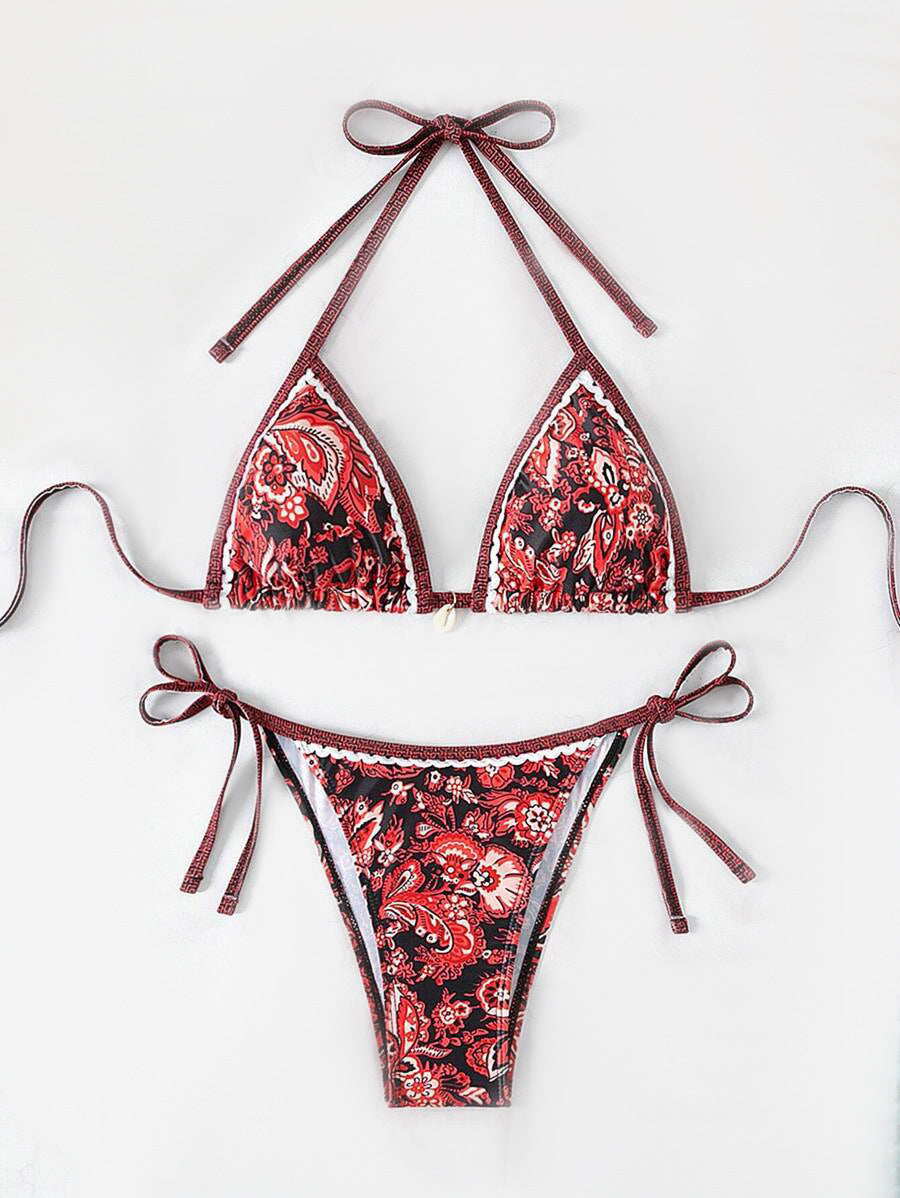 Damen Triangel-Bikini-Set mit verstellbaren Bindebändern und floralem Design EB