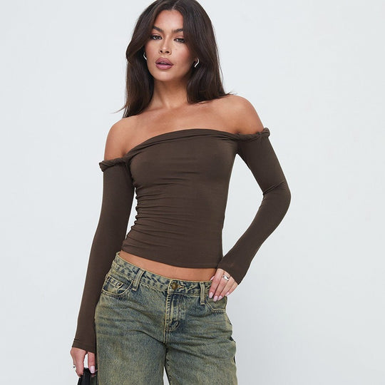 Damen Offshoulder Langarmshirt mit eleganten Drapierungen EB