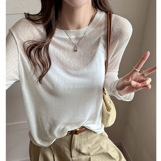 Damen Longsleeve Shirt Aus Leicht Transparentem Material mit Elegantem Fall EB