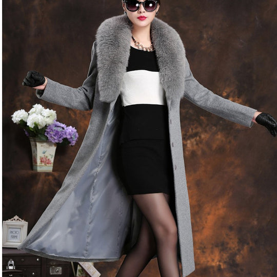 Damen elegante Wollmantel mit abnehmbarem Pelzkragen EB