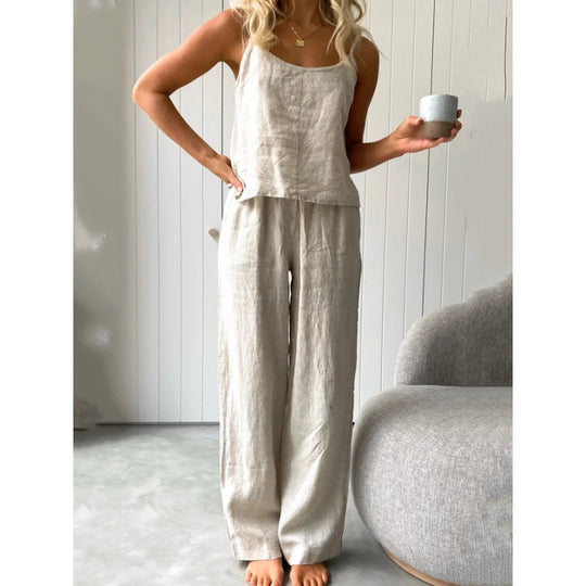 Damen lässiges Leinen-Set mit trägerloser Bluse und weiten Hosen EB