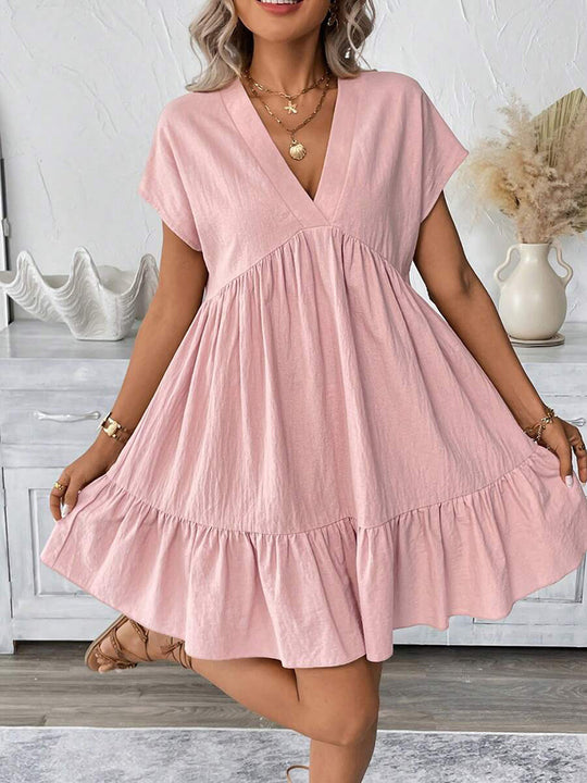 Damen kurzes Sommerkleid mit tiefem V-Ausschnitt und Rüschensaum EB