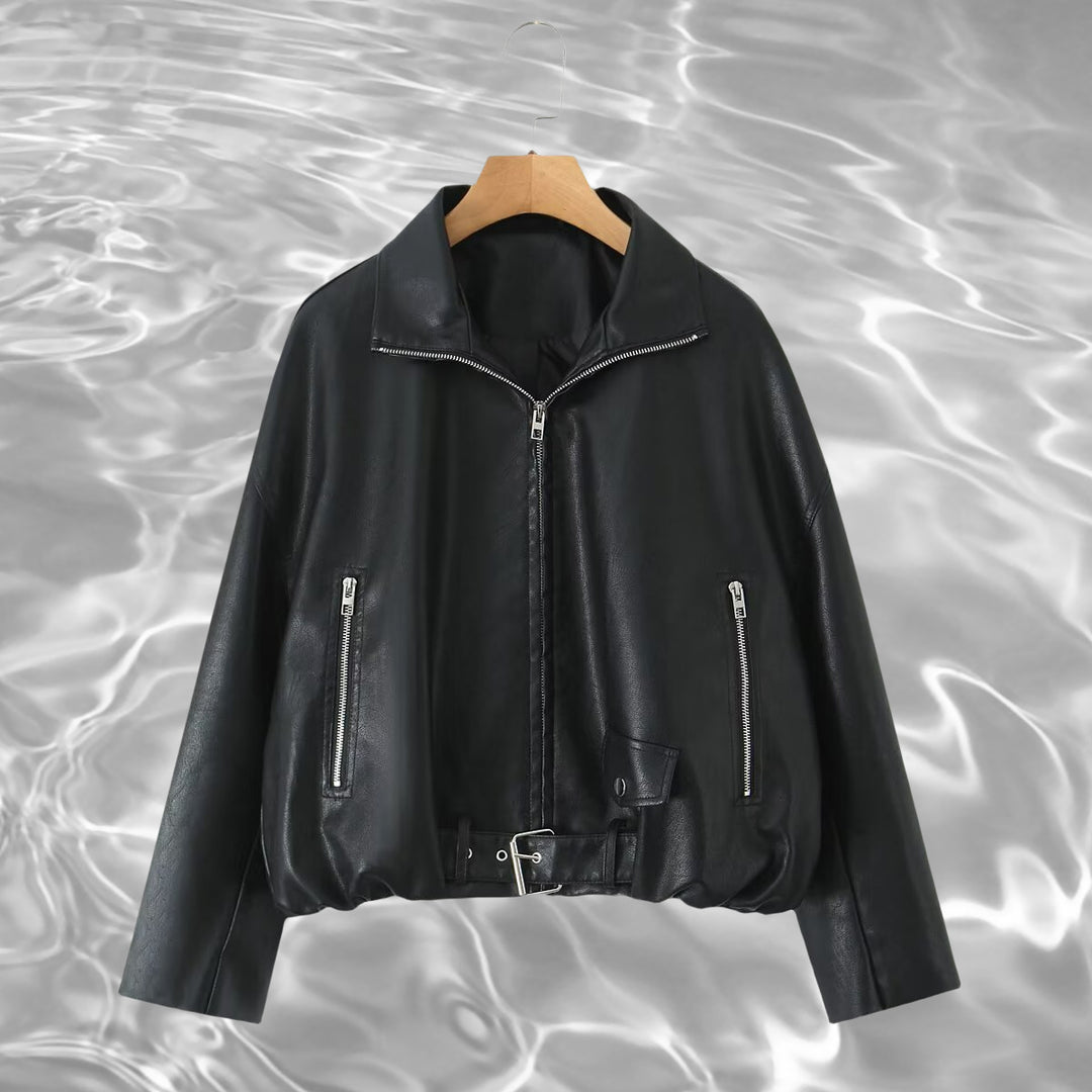 Damen Kunstlederjacke mit taillierbarem Gürtel und seitlichen Reißverschlusstaschen EB