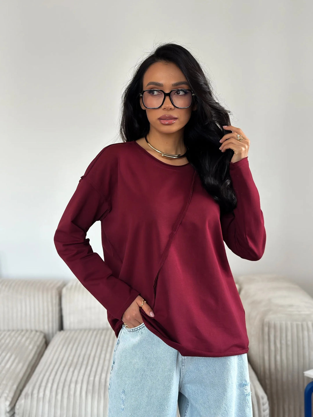 Damen Oversized Longsleeve mit schräger Naht und überschnittenen Schultern EB