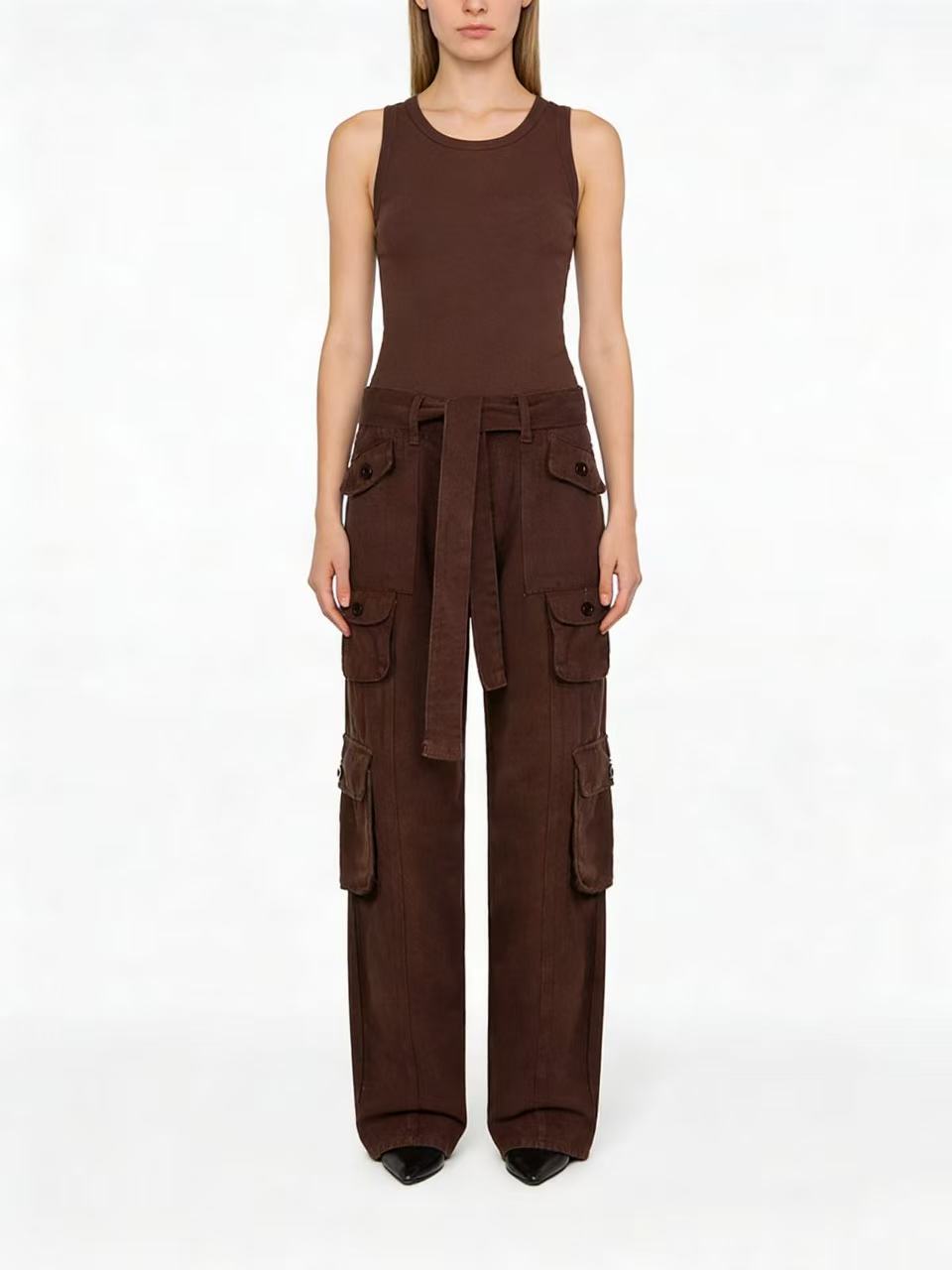 Damen nan weite Cargo-Hose mit hoher Taille, Bindegürtel und mehreren aufgesetzten Klappentaschen EB