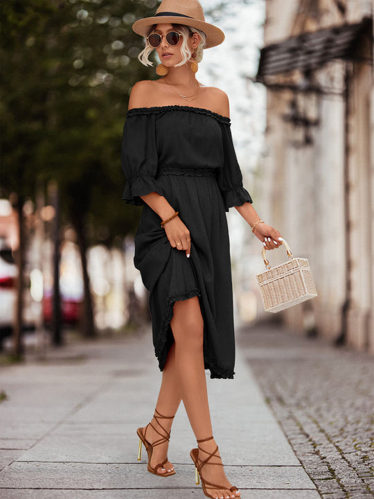 Damen Off-Shoulder Maxikleid mit elastischem Tailleneinsatz und Rüschendetails EB