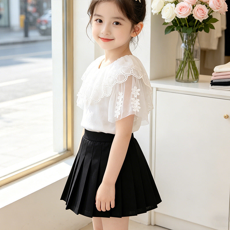 Mädchen T-Shirt mit elegantem Tüllkragen und floralem Detail EB