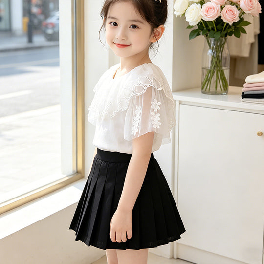 Mädchen T-Shirt mit elegantem Tüllkragen und floralem Detail EB