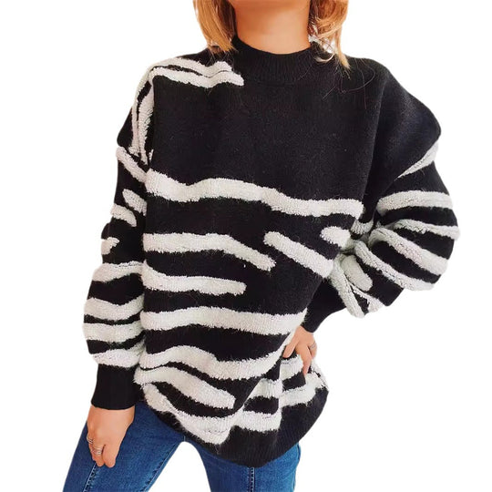 Damen lässiger Strickpullover mit modernem Zebrastreifenmuster EB