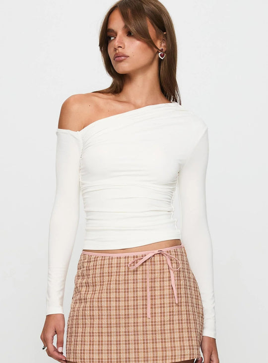 Damen Off-Shoulder Raffungsshirt mit langen Ärmeln und elegantem Design EB