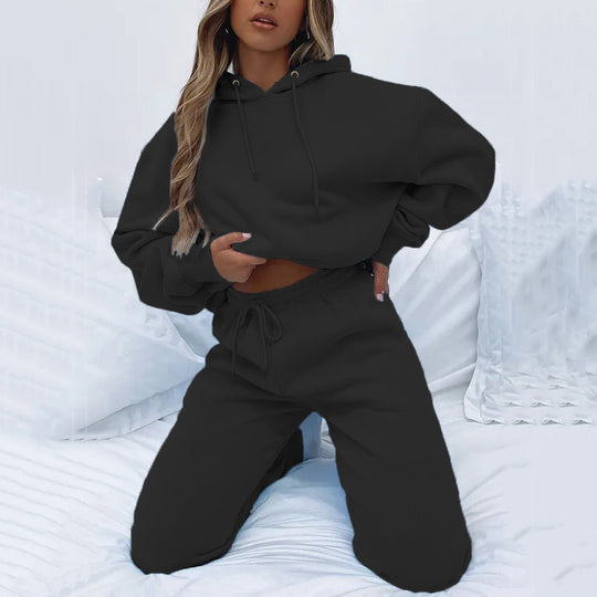 Damen kuscheliges Cropped-Kapuzen-Lounge-Set mit hochgeschnittener Tunnelzug-Jogginghose EB