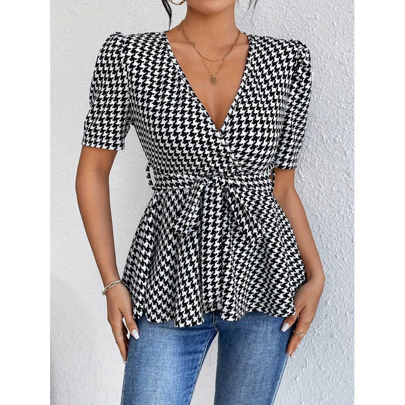 Damen Wickelbluse mit lässigem Schnitt und modischem Hahnentritt-Muster EB