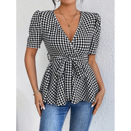 Damen Wickelbluse mit lässigem Schnitt und modischem Hahnentritt-Muster EB