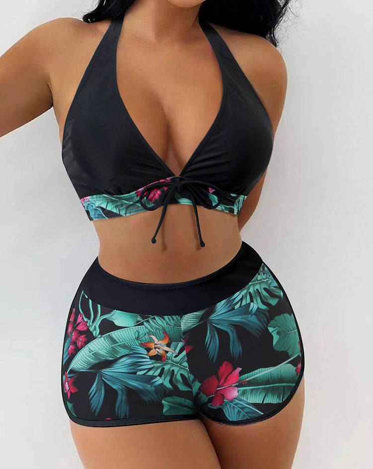 Damen Bikini-Set mit verspieltem Halter-Oberteil und sportlicher Shorts EB