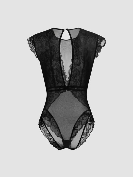 Damen Elegantes Spitzenbody mit tiefem V-Ausschnitt und zarten Rüschendetails EB