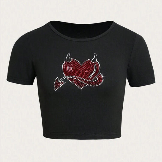 Damen Cropped T-Shirt mit kreativem Skelettdesign EB