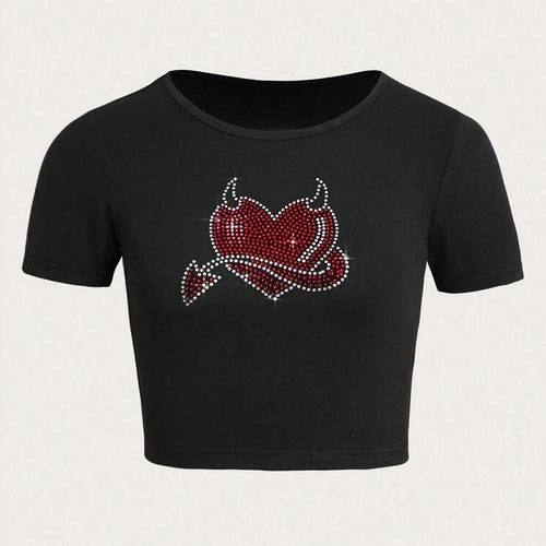Damen Cropped T-Shirt mit kreativem Skelettdesign EB