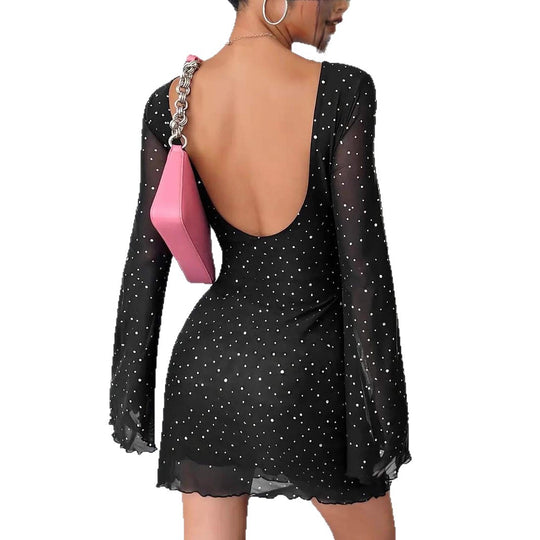Damen elegantes Minikleid mit tiefem Rückenausschnitt und ausgestellten Ärmeln EB