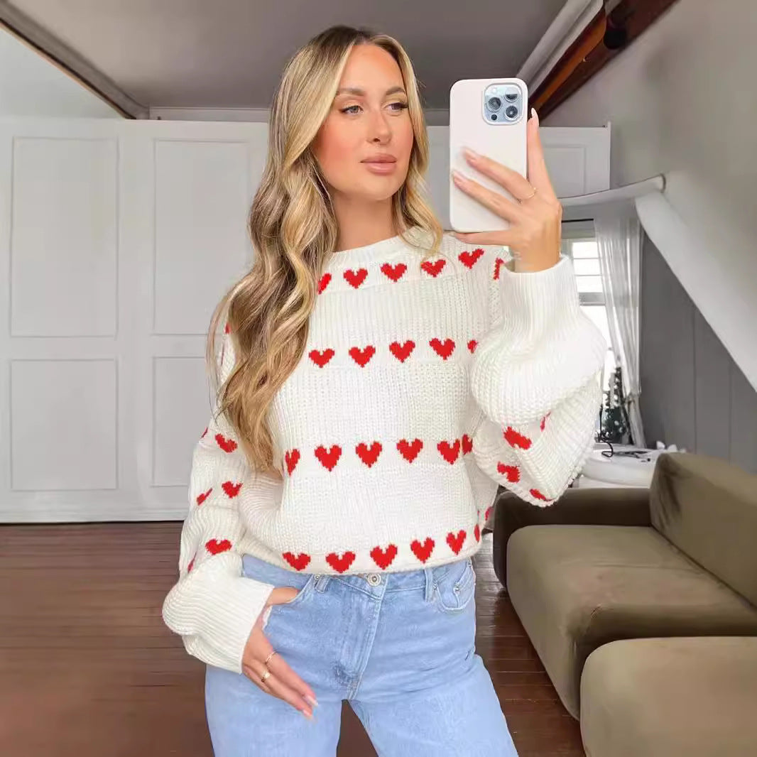 Damen Strickpullover mit Herzmuster und lässigem Schnitt EB