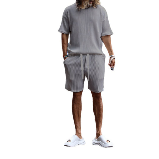 Herren nan lässiges Waffeljersey-Set mit weitem Oberteil und Tunnelzug-Shorts EB