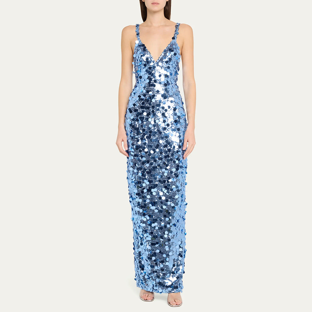 Damen Pailletten Maxikleid mit V-Ausschnitt und schmaler Silhouette EB