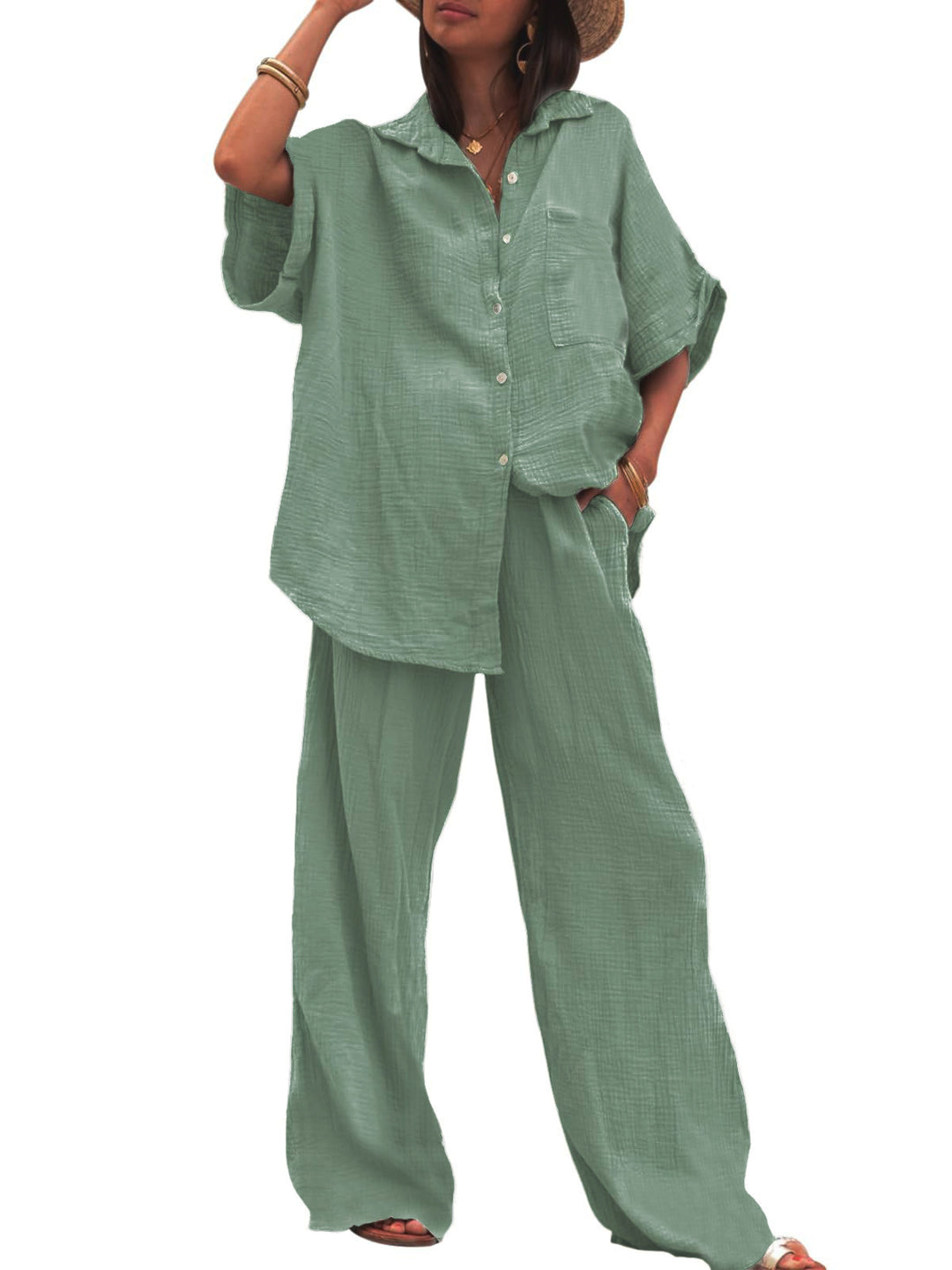 Damen luftiges Oversize-Hemd und weite Hose Set EB