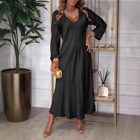 Damen elegantes Maxikleid mit tiefem V-Ausschnitt und fließendem Schnitt EB