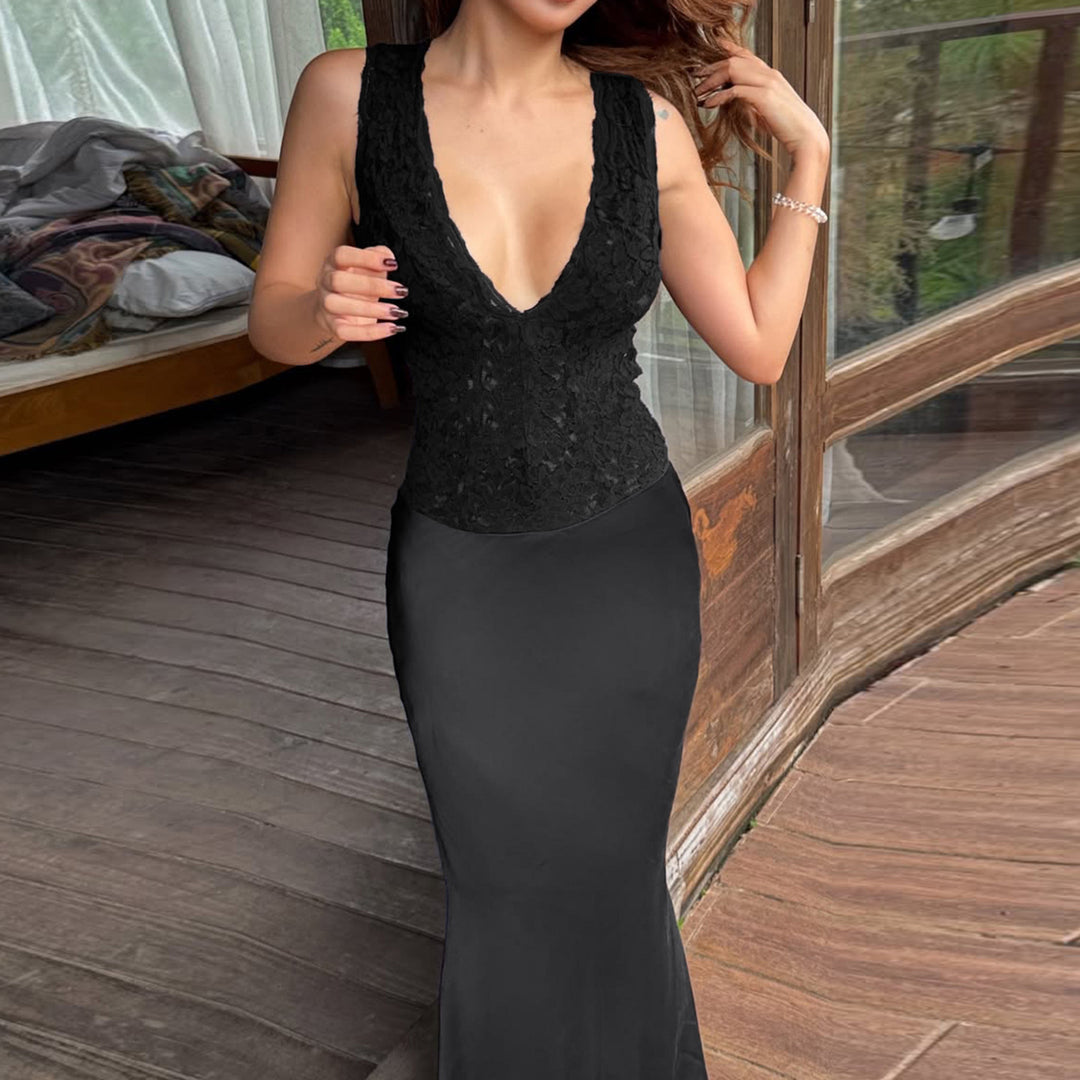 Damen Elegantes Maxikleid mit tiefem V-Ausschnitt und romantischem Spitzenoberteil EB