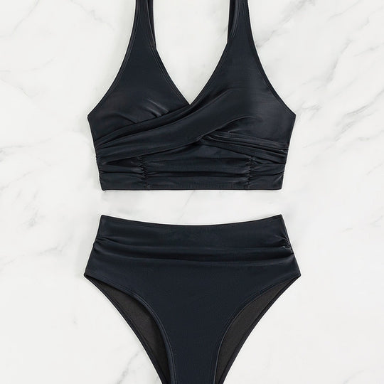 Damen Hoch geschnittenes Bikini-Set mit Wickeloberteil und figurformen Details EB