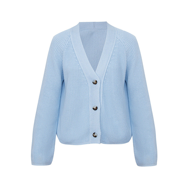 Damen Strickjacke mit großem V-Ausschnitt und Knopfverschluss EB