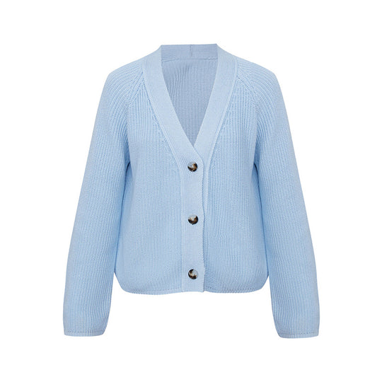 Damen Strickjacke mit großem V-Ausschnitt und Knopfverschluss EB