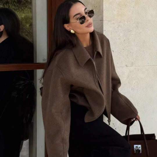 Damen lässige oversized Jacke mit Reißverschluss und schmalem Kragen EB