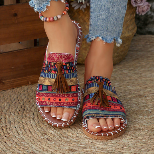 Damen lässige Riemchen-Sandalen mit buntem Ethno-Design und modischem Quasten-Detail EB