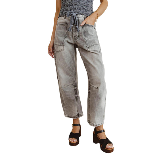 Damen nan lässige Cargo-Denim Culotte mit Kordelbund und großen aufgesetzten Taschen EB