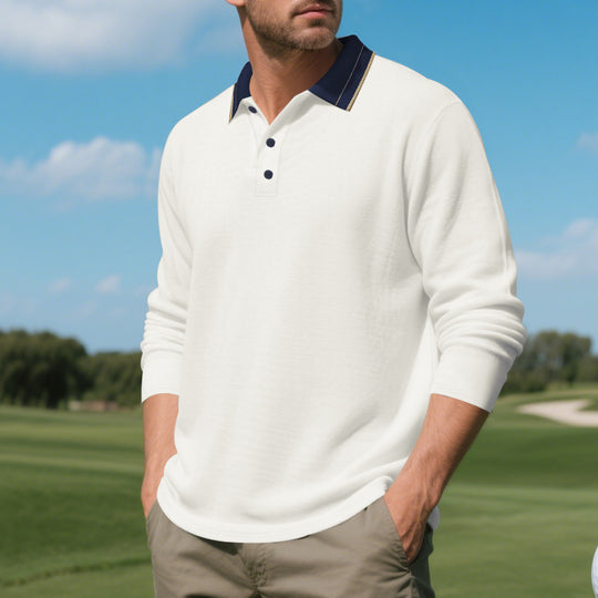Herren elegantes Langarm-Polohemd mit kontrastierendem Kragen und modischen Knopfdetails EB