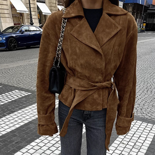 Damen Modische Wildlederjacke mit Gürtel und tailliertem Schnitt EB