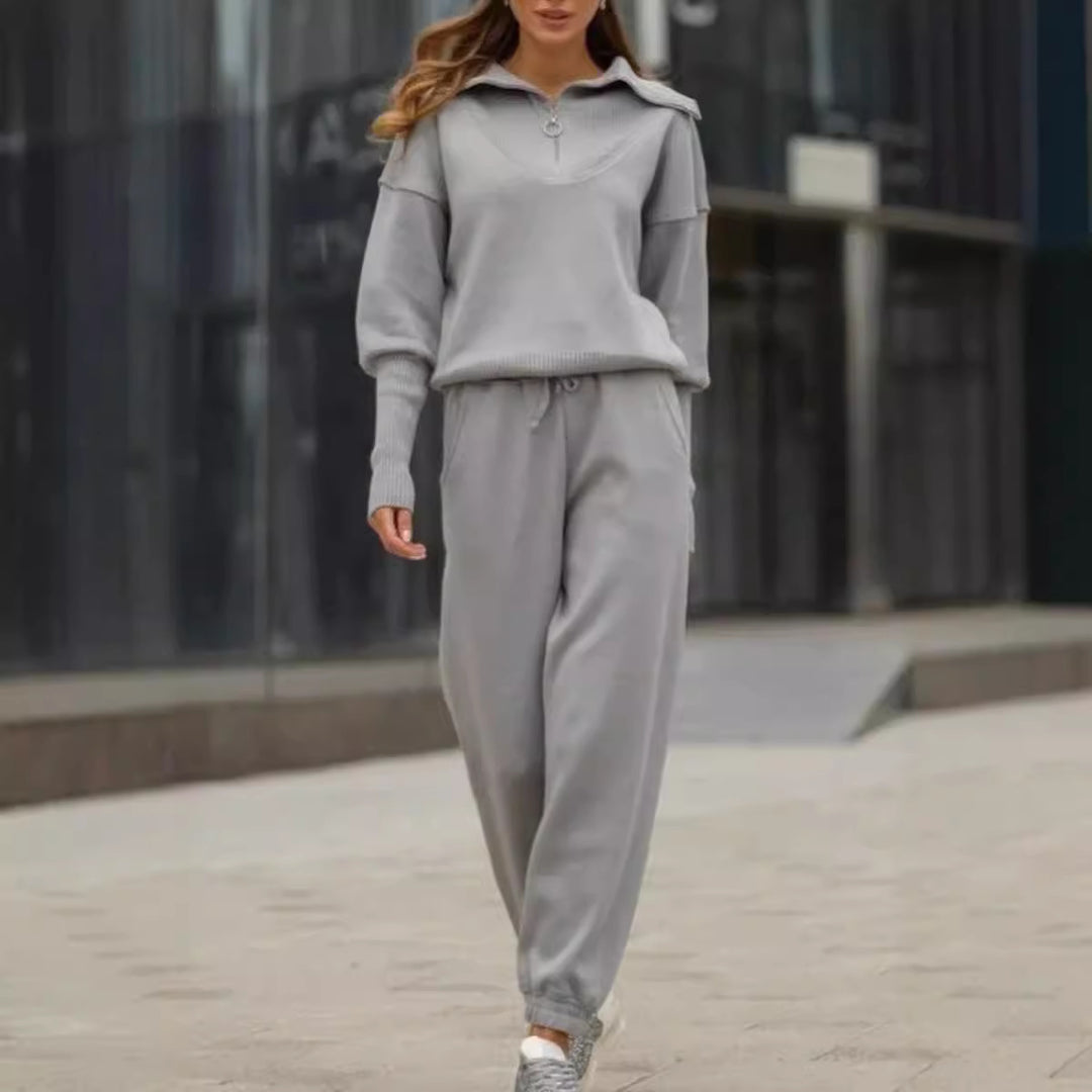 Damen sportliches Set aus weichem Fleece mit Stehkragen und elastischem Bund EB