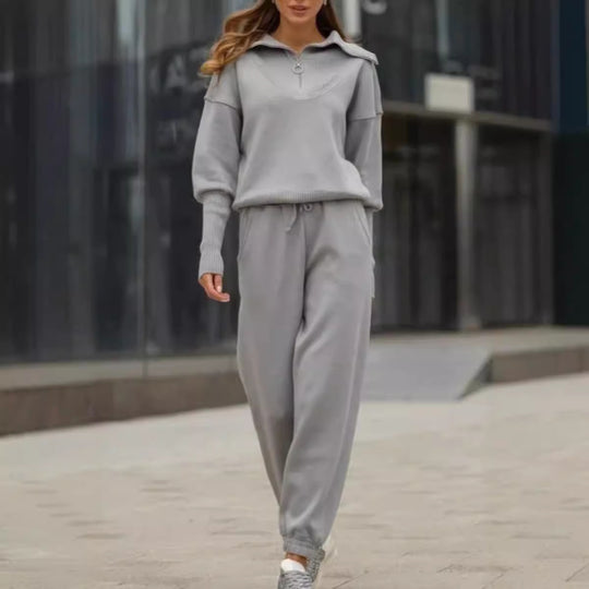 Damen sportliches Set aus weichem Fleece mit Stehkragen und elastischem Bund EB
