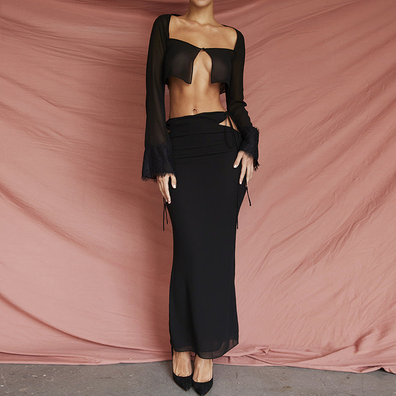 Damen Transparentes Set mit Crop-Top und Maxirock EB