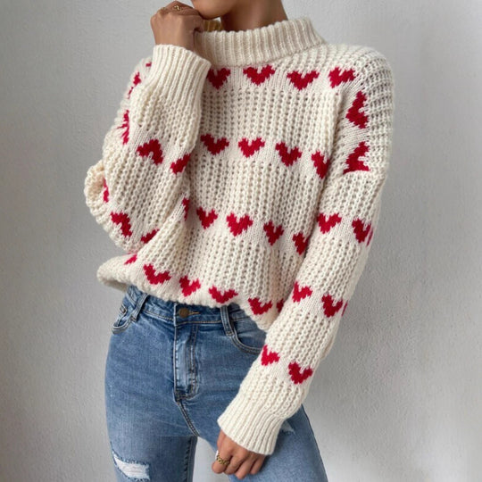Damen Grobstrickpullover mit Herzmuster und Rollkragen EB