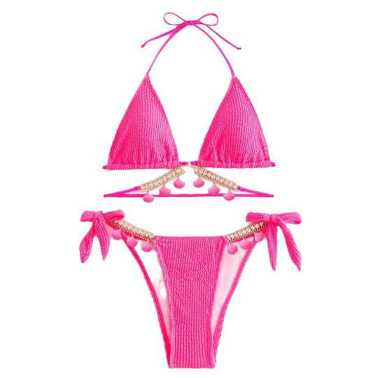 Damen Triangel-Bikini mit dekorativen Pompons und Glitterdetails EB