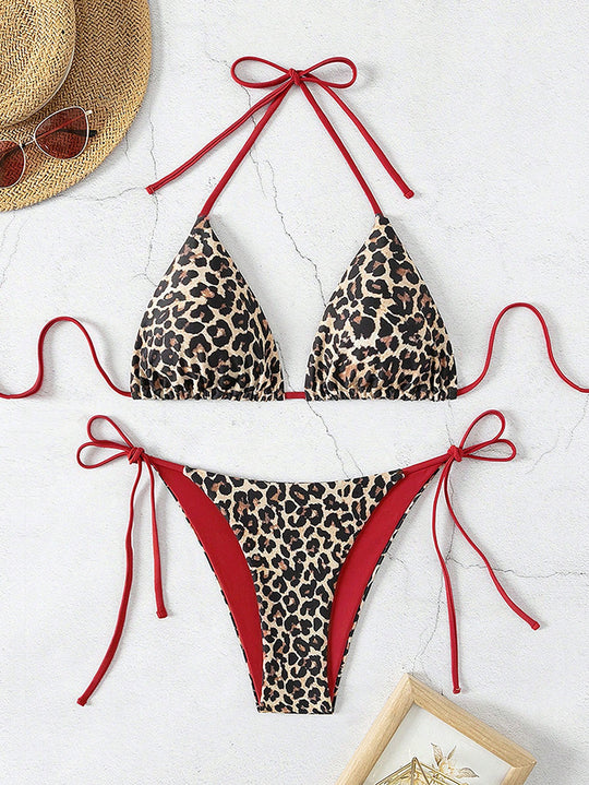 Damen Triangel-Bikini-Set mit verstellbaren Bindebändern und animalischem Design EB