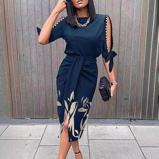 Damen Midikleid mit elegantem Bindegürtel und modischen Cut-Out-Ärmeln EB