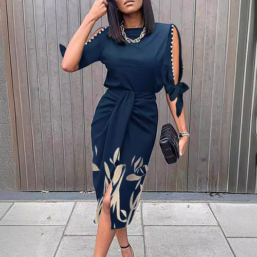 Damen Midikleid mit elegantem Bindegürtel und modischen Cut-Out-Ärmeln EB