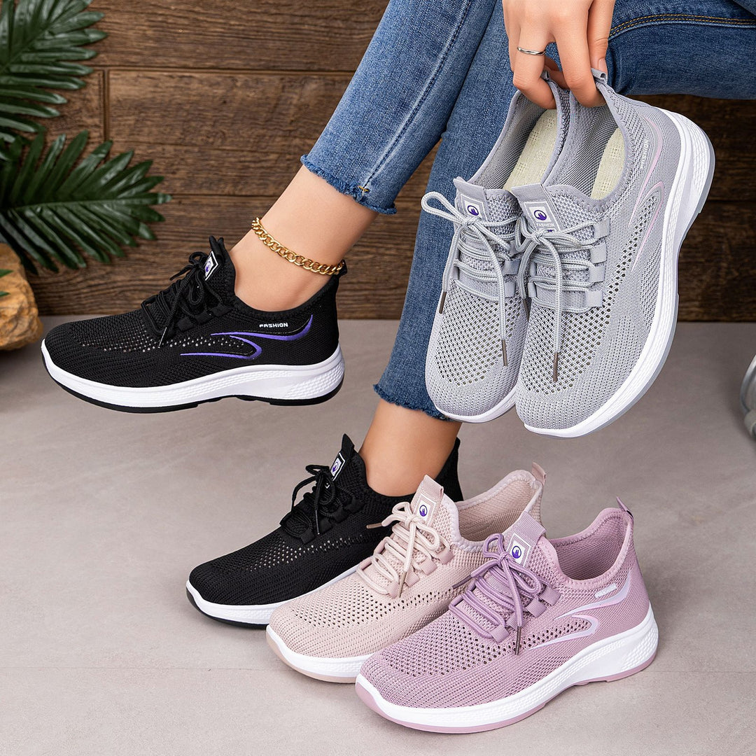 Damen nan atmungsaktiver Strick-Freizeitsneaker mit elastischer Schnürung und stoßabsorbierender Keilsohle EB