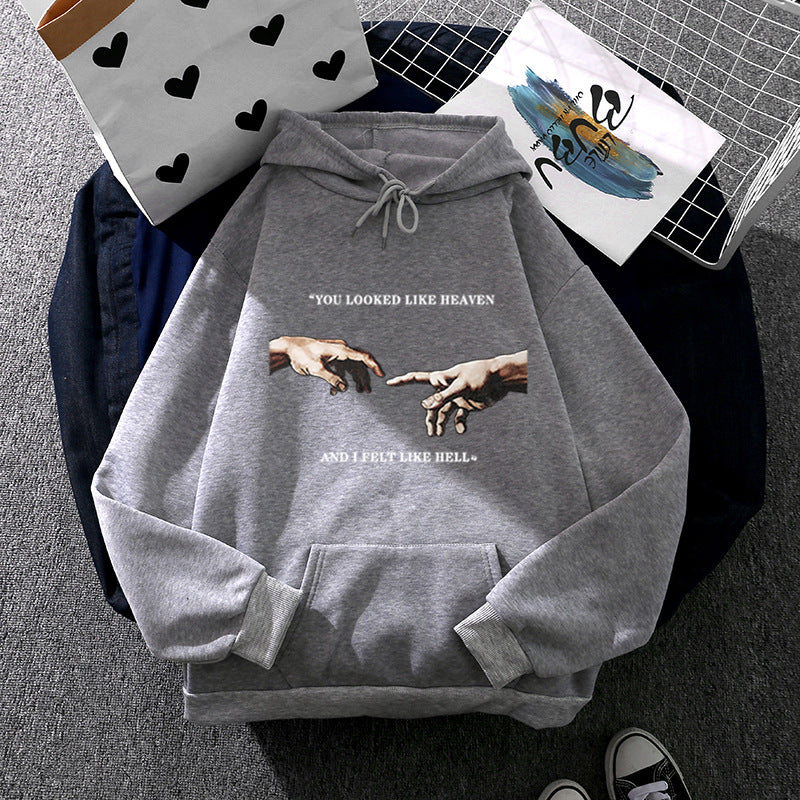 Damen nan Oversize Kapuzenpullover mit Kängurutasche und Renaissance‑Handmotiv, weiches Fleece Innenfutter EB