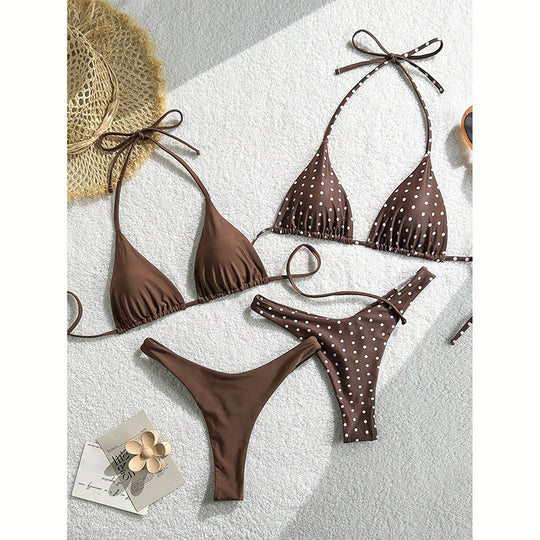 Damen Triangel-Bikini-Set mit Rüschendetails und gepunktetem Design EB