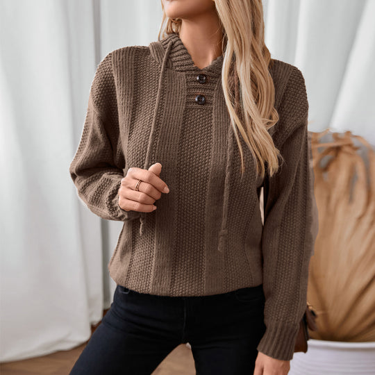 Damen lässiger Strickpullover mit Kapuze und Knopfdetails EB